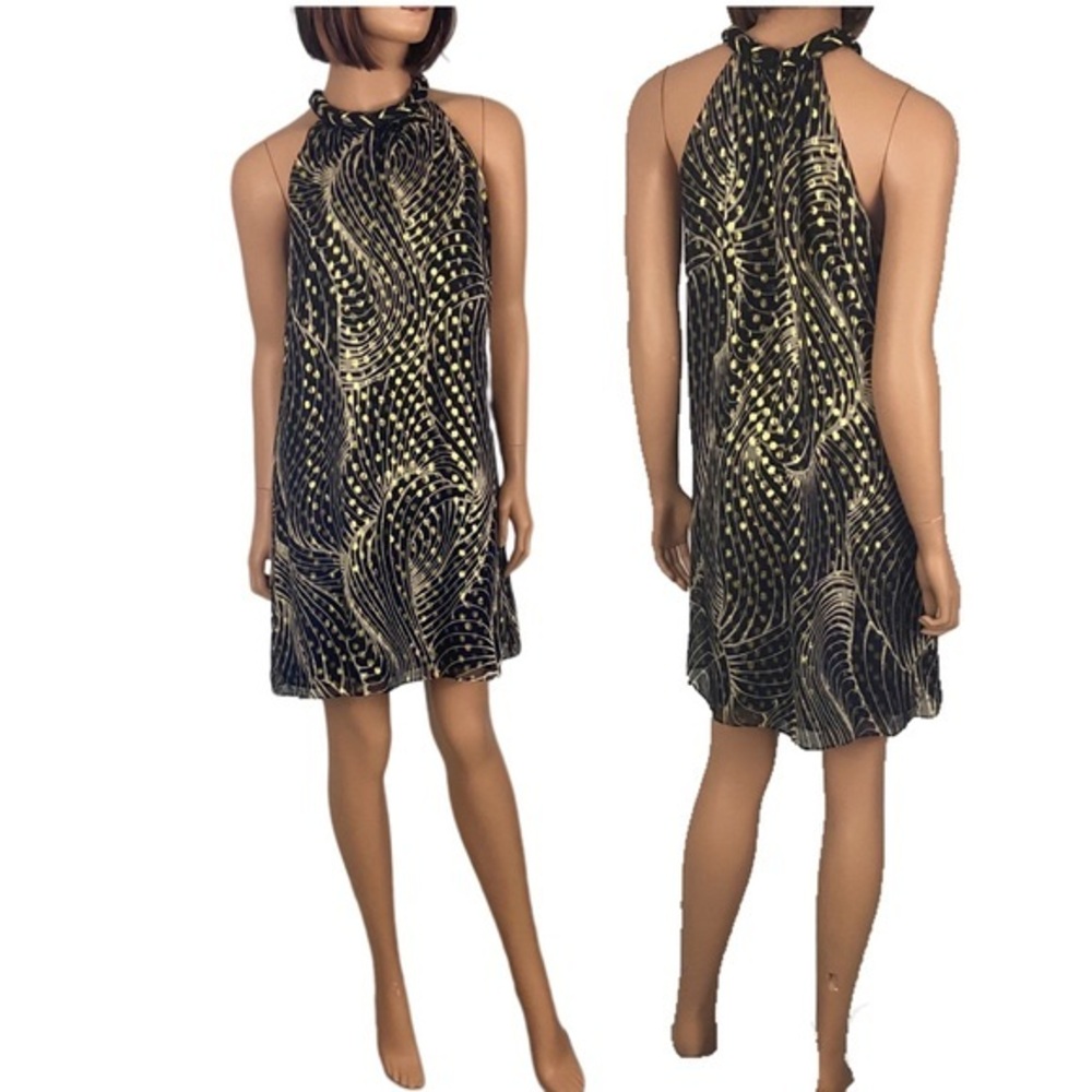 Alice & Trixie Black Gold Dress A Line Braided Keyhole Neck Woman’s Party S